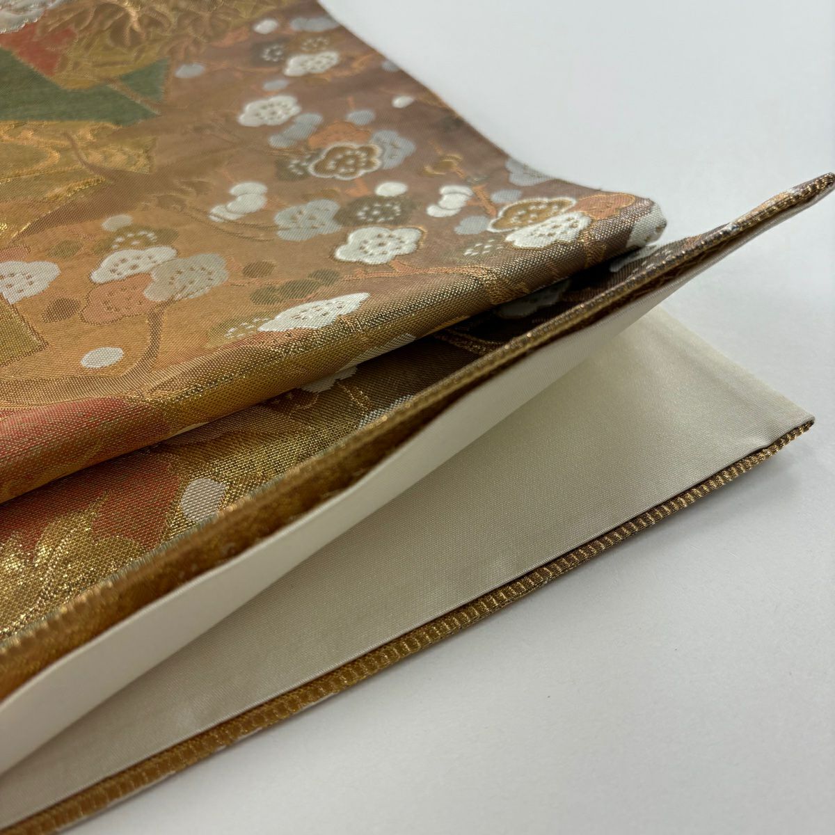 袋帶 美品 秀品級 色紙 花鳥 金絲 金金箔 金色 大鼓圖案 純蠶絲