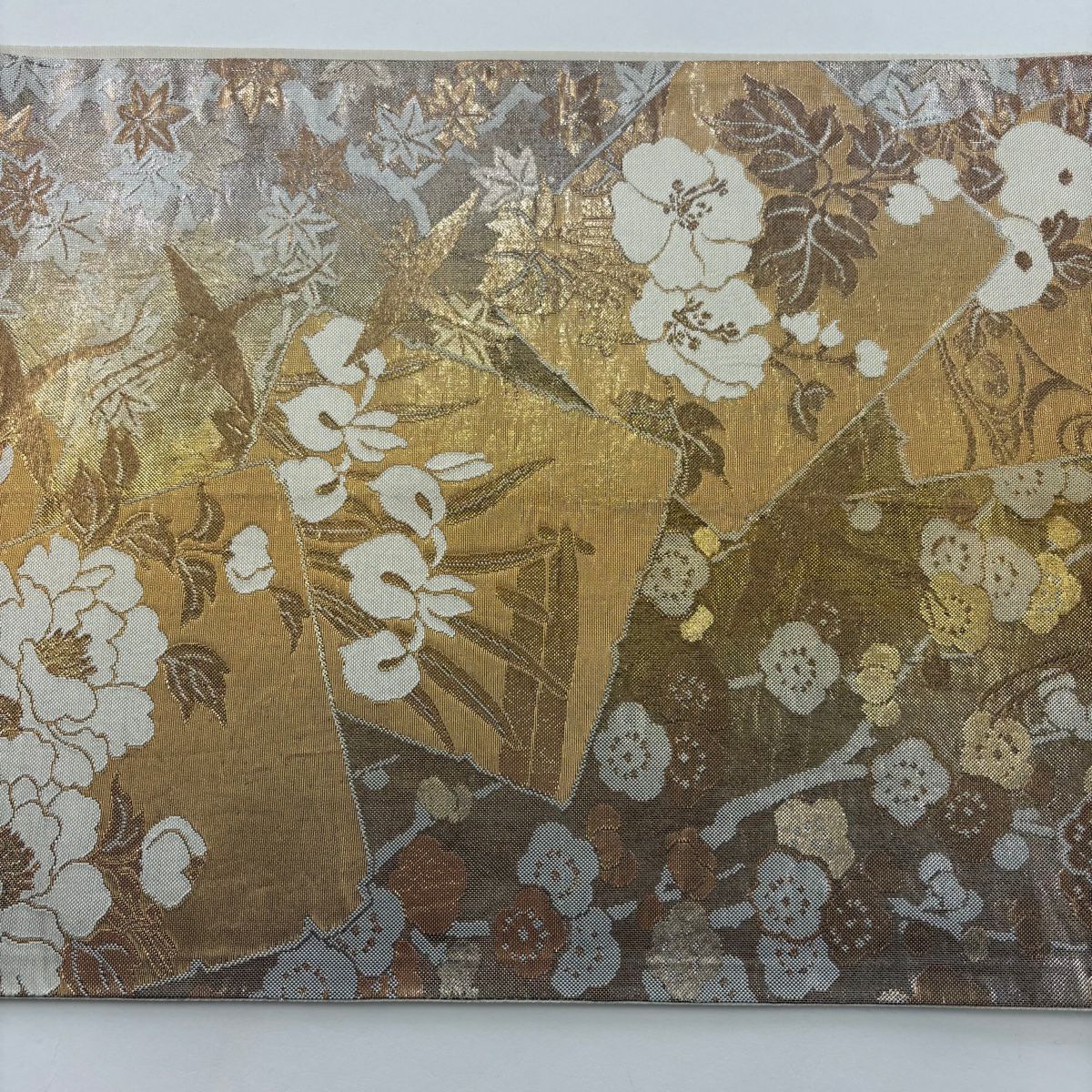 袋帶 美品 秀品級 色紙 花鳥 金絲 金金箔 金色 大鼓圖案 純蠶絲