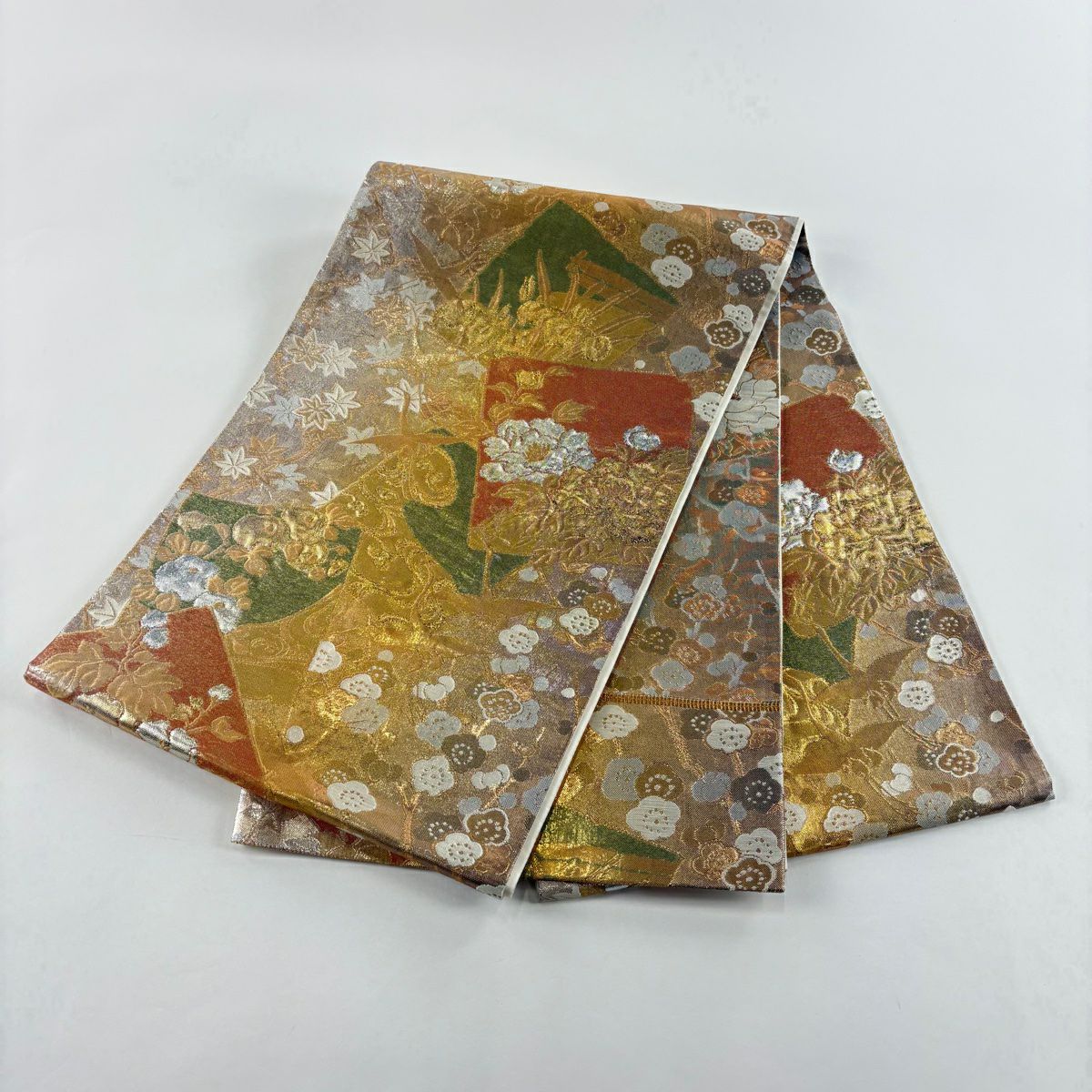 袋帶 美品 秀品級 色紙 花鳥 金絲 金金箔 金色 大鼓圖案 純蠶絲
