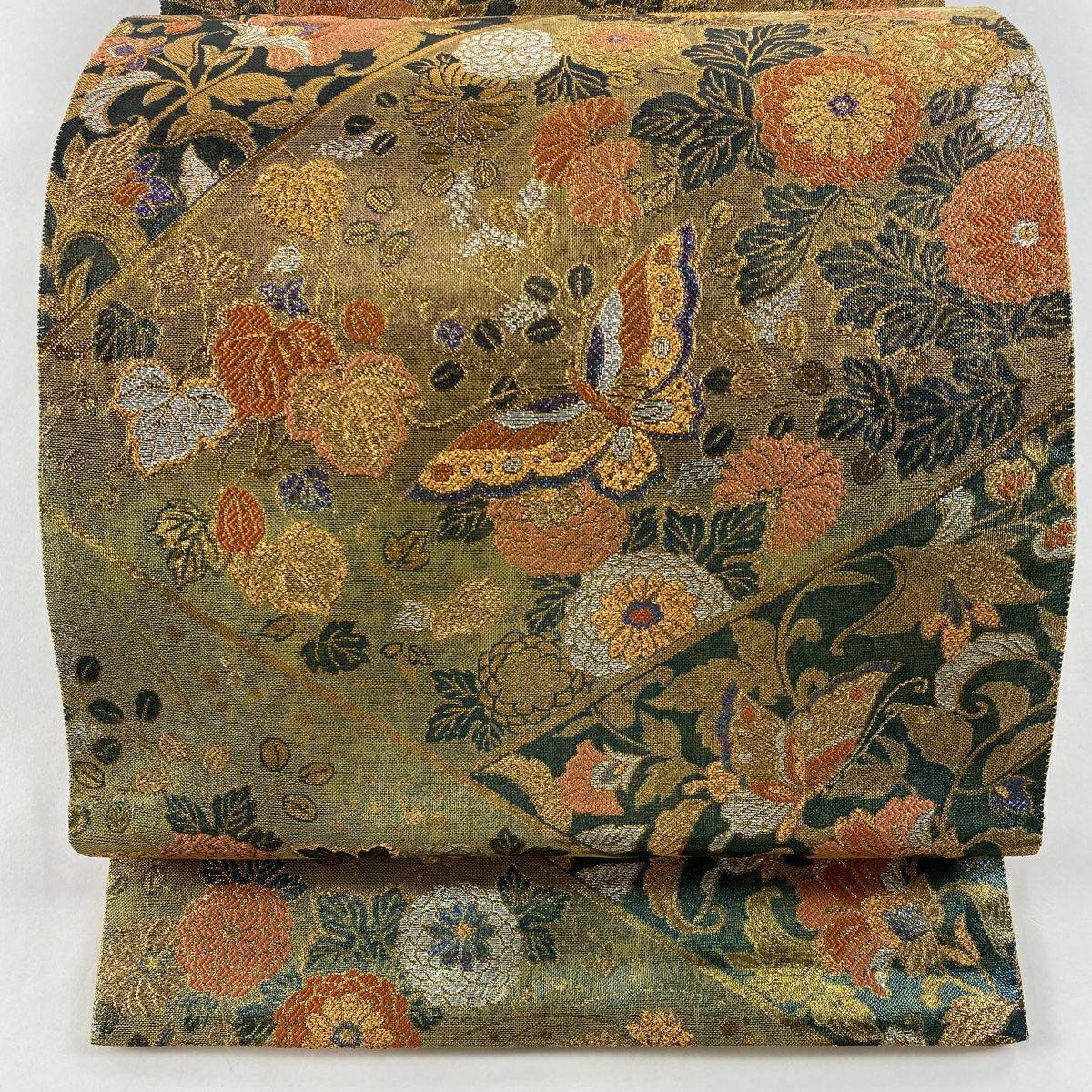 袋帶 美品 秀品級 菊花 蝶 金金箔 金絲 金色 六通 純蠶絲