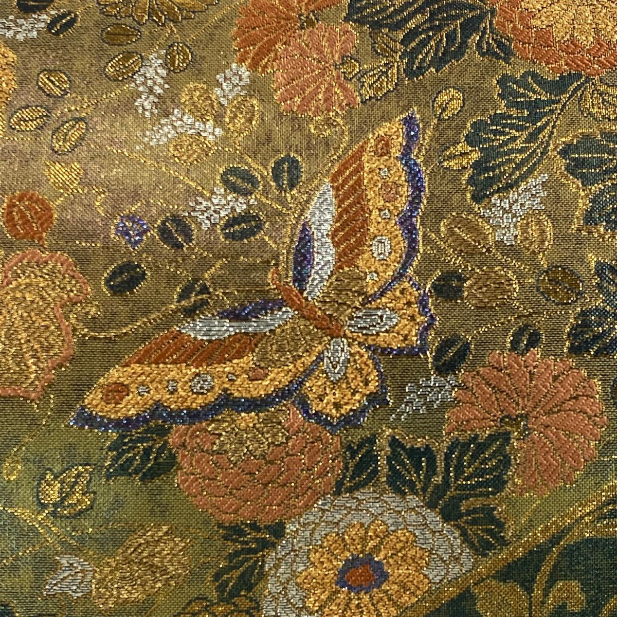 袋帶 美品 秀品級 菊花 蝶 金金箔 金絲 金色 六通 純蠶絲