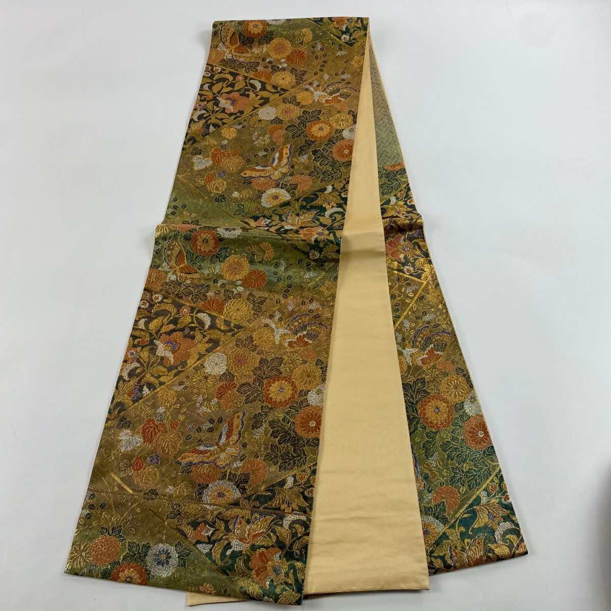 袋帶 美品 秀品級 菊花 蝶 金金箔 金絲 金色 六通 純蠶絲