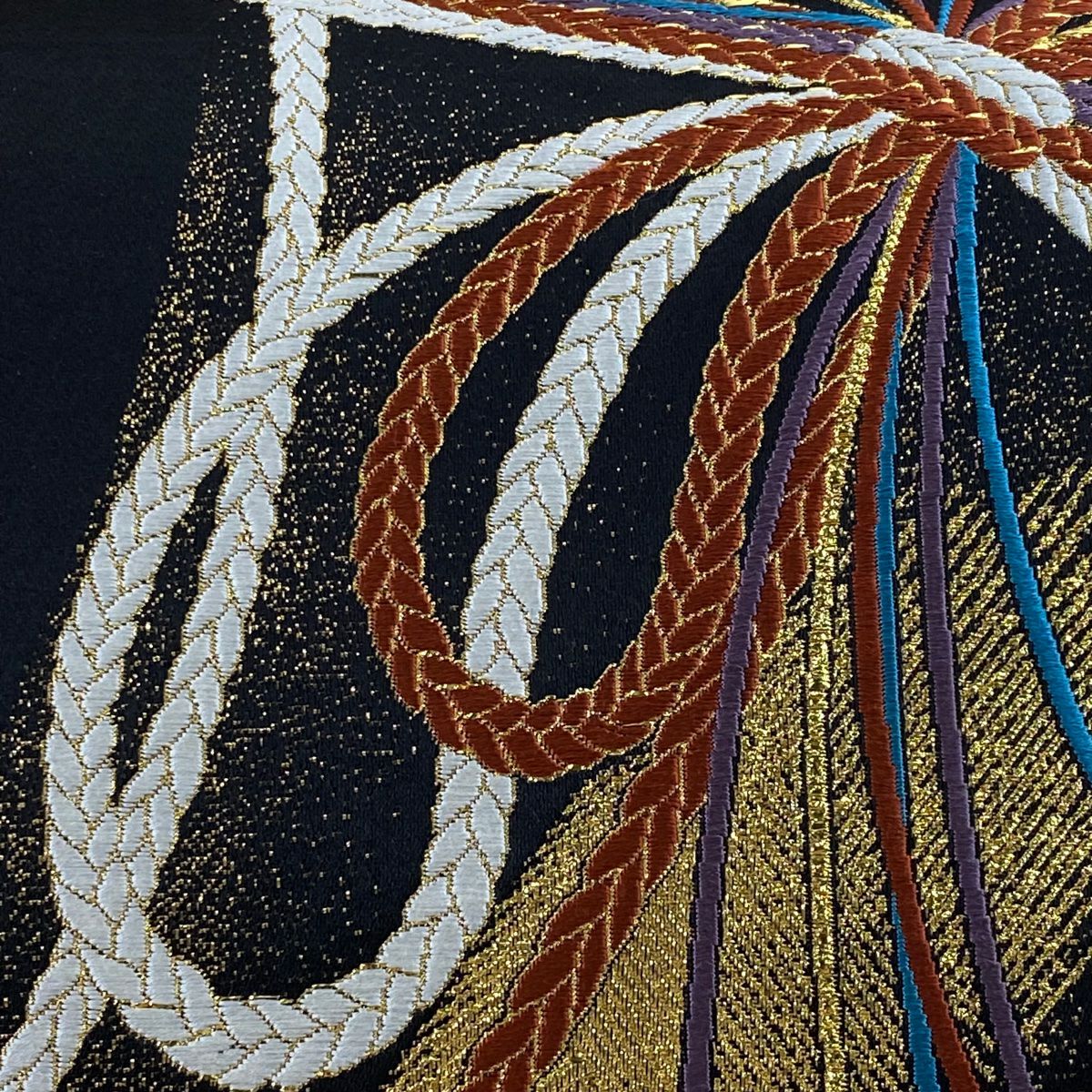 袋帶 美品 秀品級 組織紐 刺繡 金金箔 黑 六通 純蠶絲