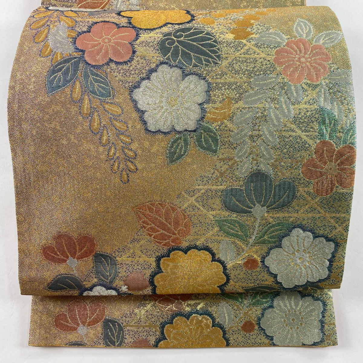 袋帶 美品 秀品級 辻花染圖案 籠目 金金箔 金色 六通 純蠶絲