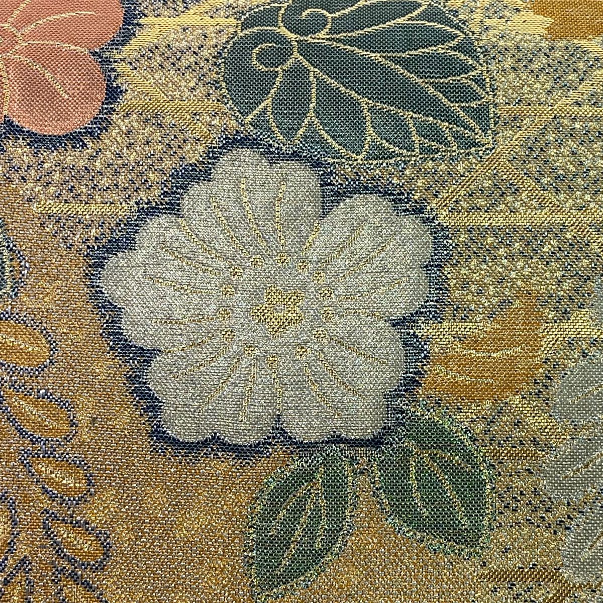 袋帶 美品 秀品級 辻花染圖案 籠目 金金箔 金色 六通 純蠶絲