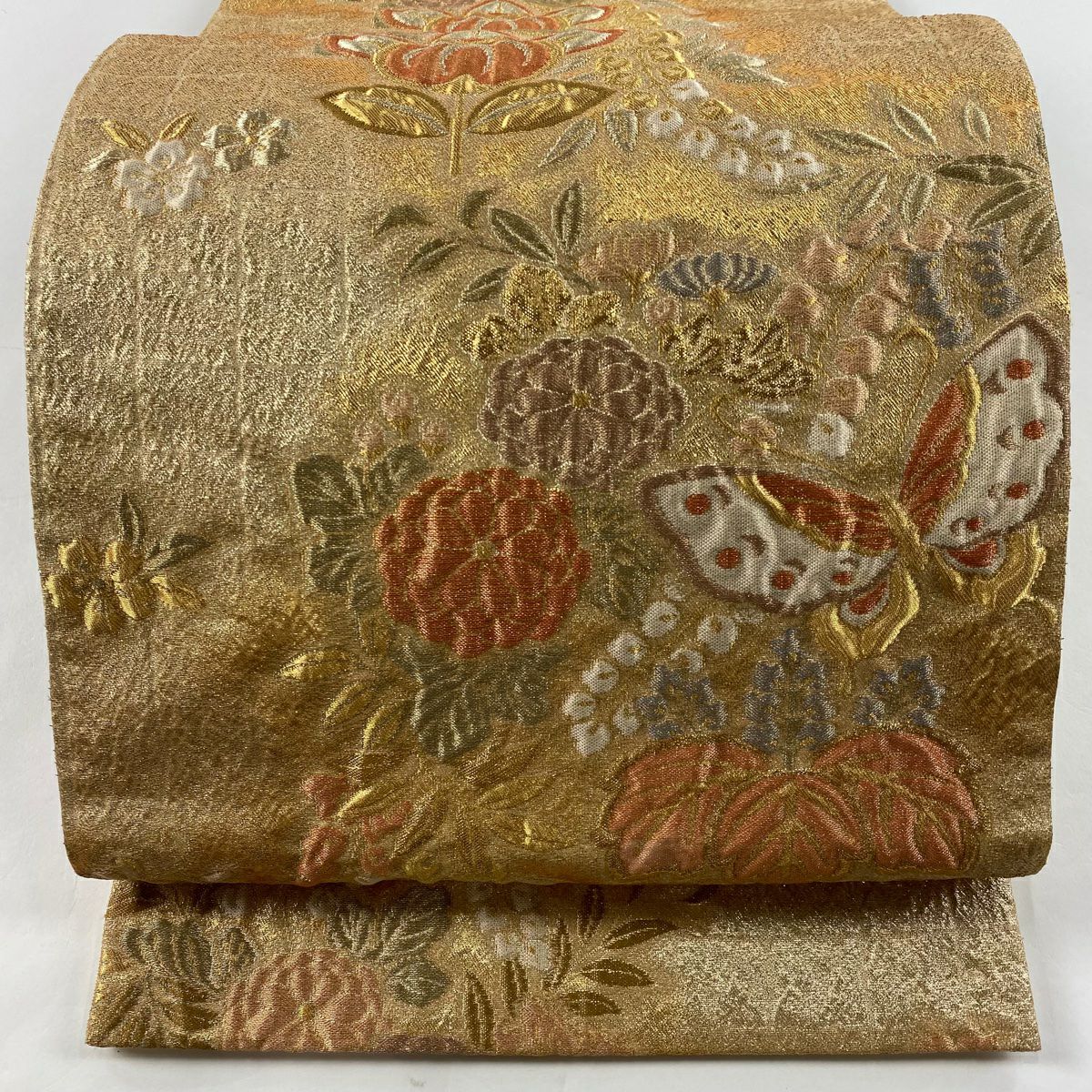 袋帶 美品 秀品級 蝶 菊花 金絲 金金箔 金色 全通 純蠶絲