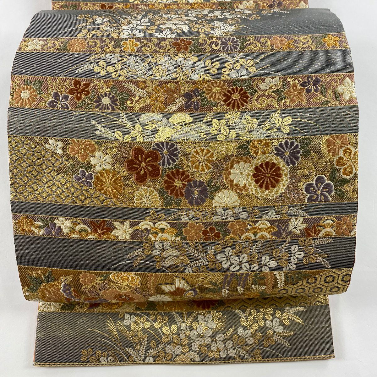 袋帶 美品 秀品級 秋草 蝶 金絲 刺繡 灰 深藍 六通 純蠶絲