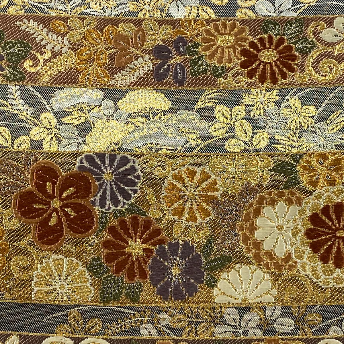 袋帶 美品 秀品級 秋草 蝶 金絲 刺繡 灰 深藍 六通 純蠶絲