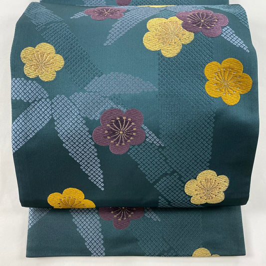 袋帶 優品級 梅花 竹子 唐織 金絲 深綠 六通 純蠶絲