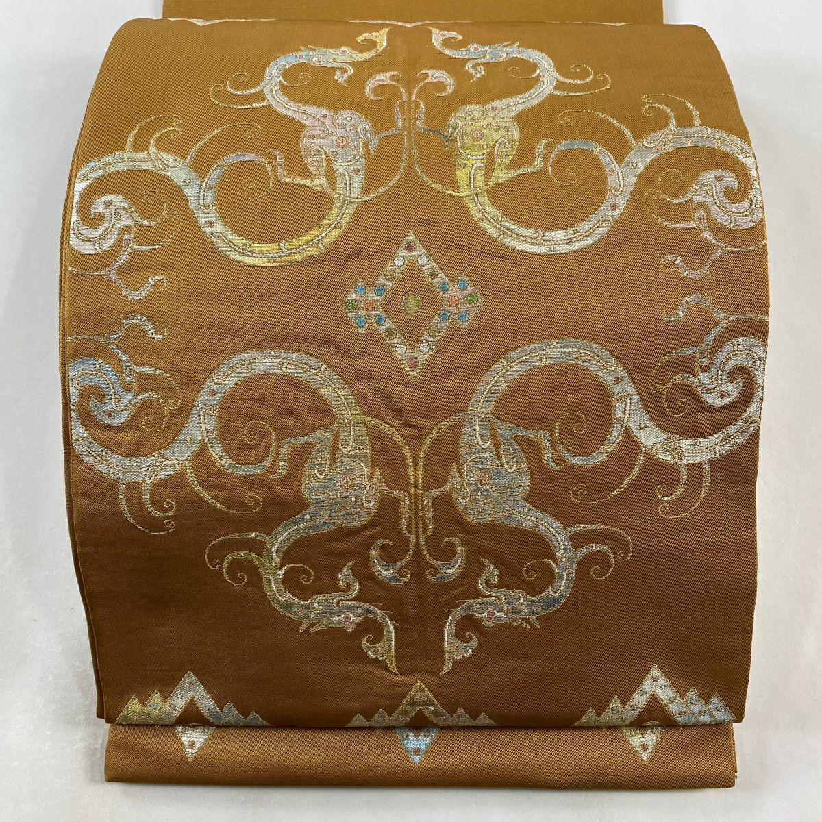 袋帶 美品 逸品級 龍村平蔵 落款 龍 幾何學 金絲 金金箔 淺茶 六通 純蠶絲