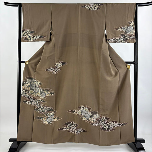 訪問服 身長161.5cm 袖長63cm S 雙層 霞 草花紋紋 灰茶 純蠶絲 秀品級