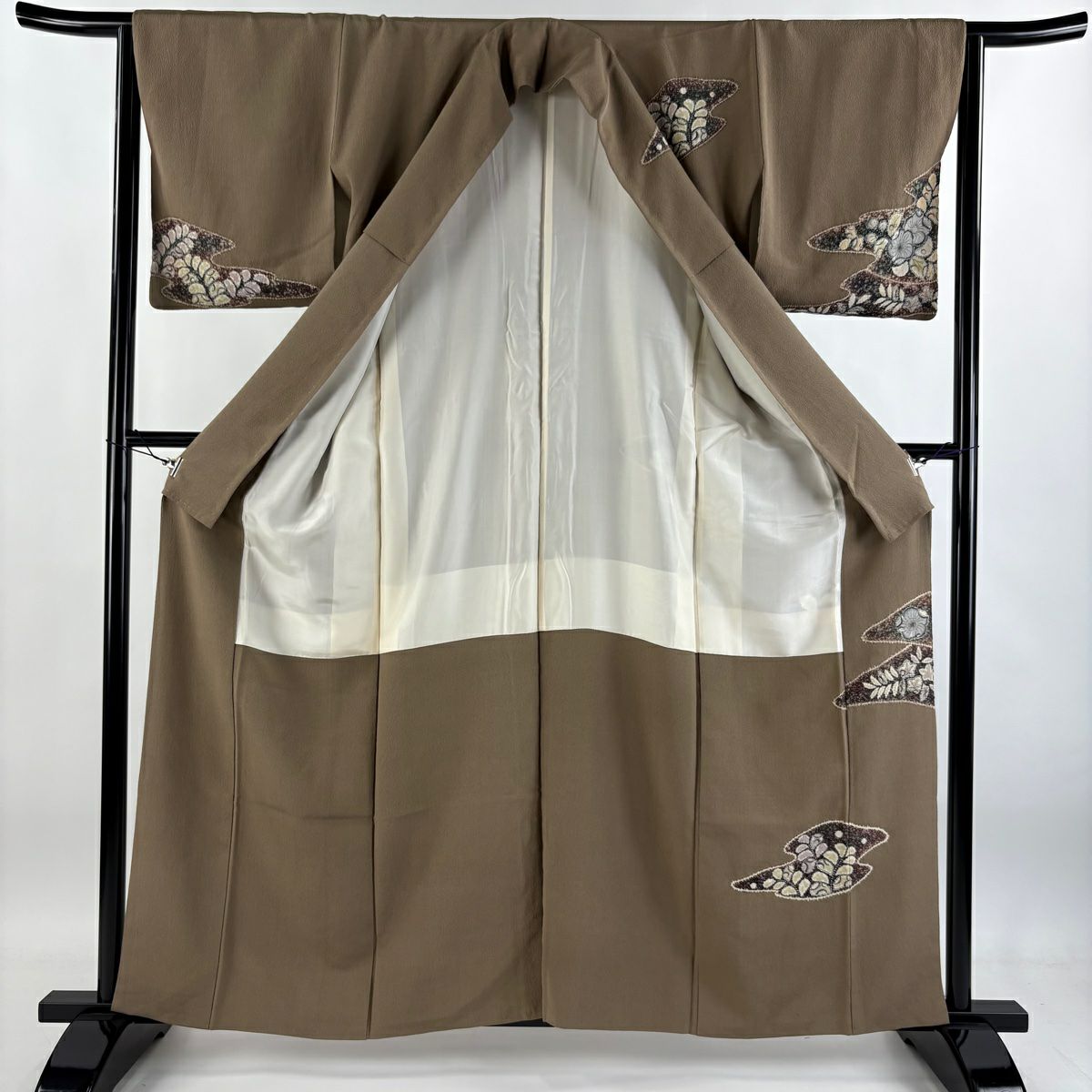訪問服 身長161.5cm 袖長63cm S 雙層 霞 草花紋紋 灰茶 純蠶絲 秀品級