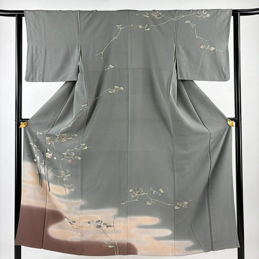 訪問服 身長150cm 袖長61cm S 雙層 葉與果實 霞 染分 淡化 灰綠 純蠶絲 優品級