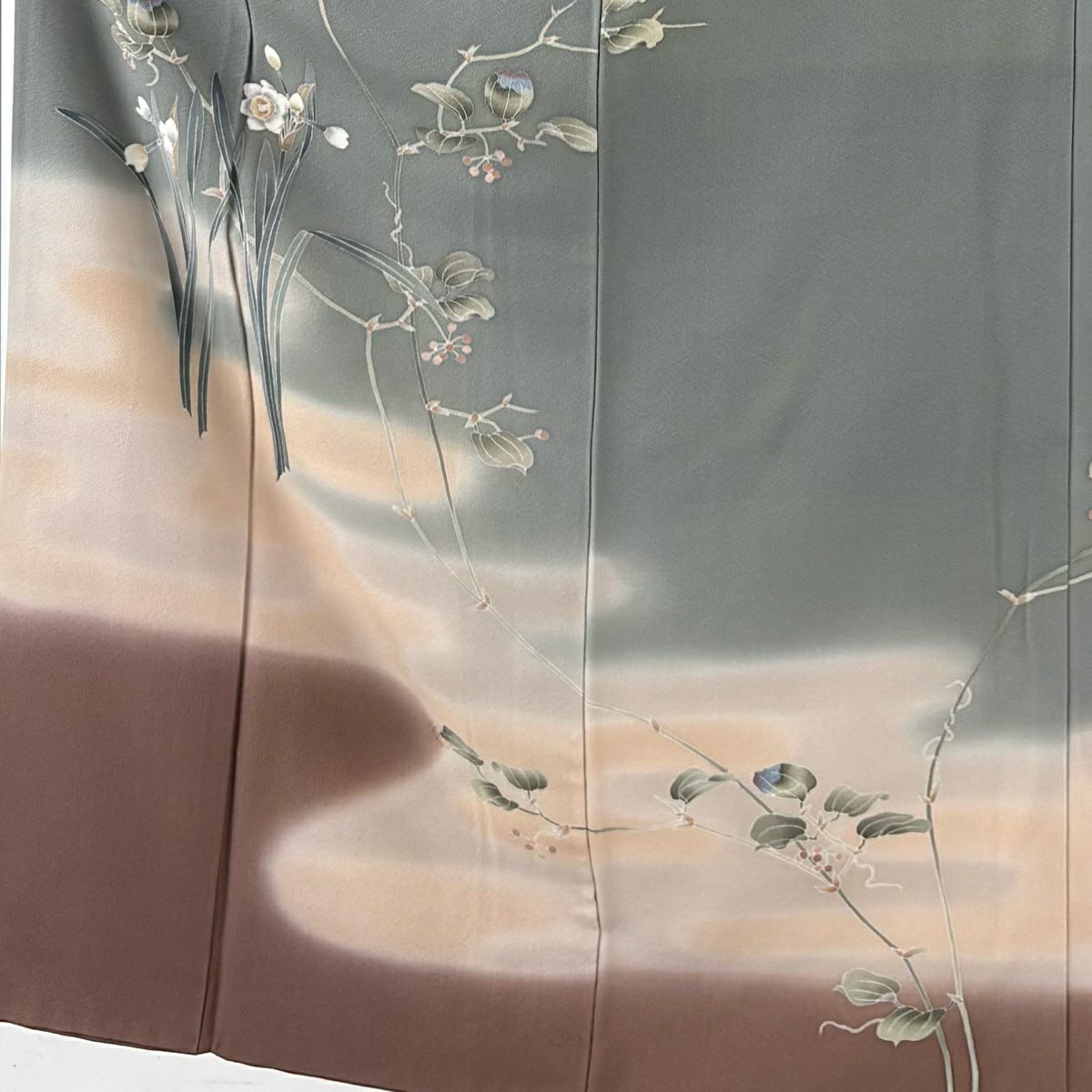 訪問服 身長150cm 袖長61cm S 雙層 葉與果實 霞 染分 淡化 灰綠 純蠶絲 優品級