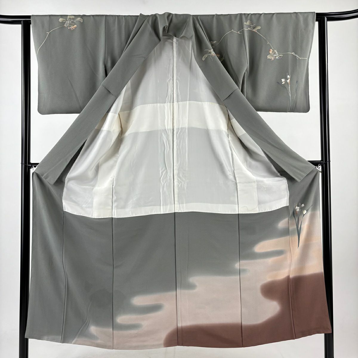 訪問服 身長150cm 袖長61cm S 雙層 葉與果實 霞 染分 淡化 灰綠 純蠶絲 優品級