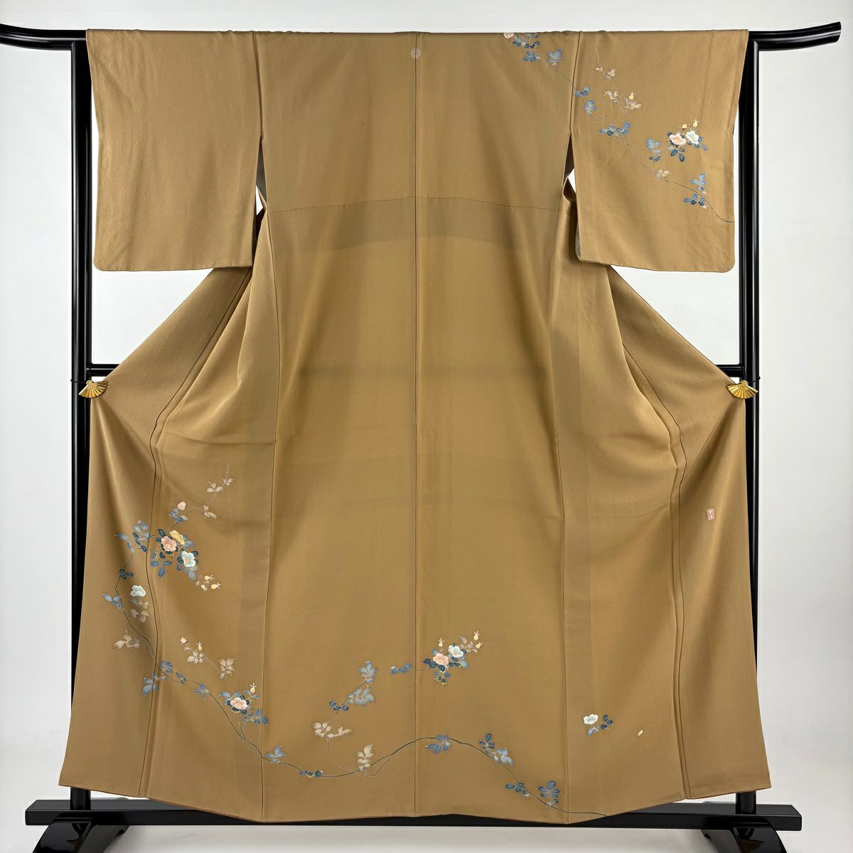 訪問服 身長158.5cm 袖長64.5cm M 雙層 落款あり 枝花 山吹茶 純蠶絲 秀品級 一つ紋