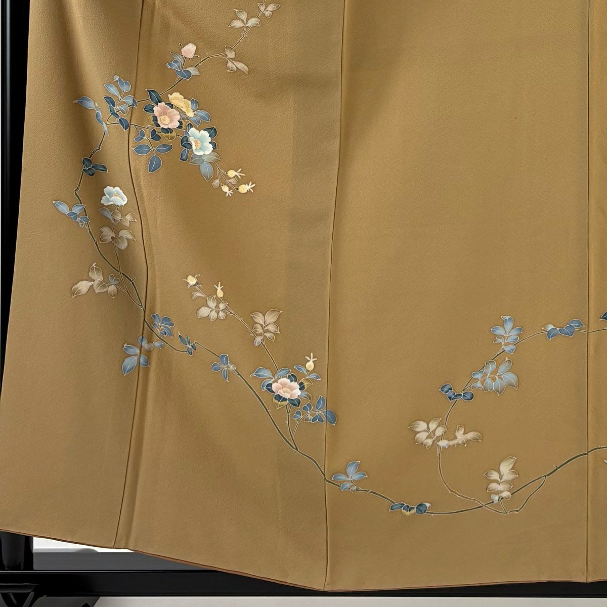 訪問服 身長158.5cm 袖長64.5cm M 雙層 落款あり 枝花 山吹茶 純蠶絲 秀品級 一つ紋
