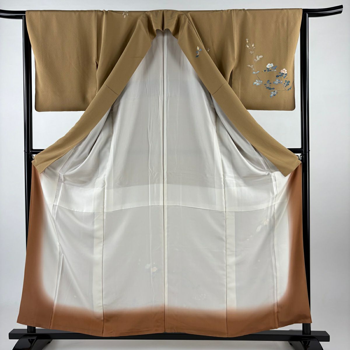 訪問服 身長158.5cm 袖長64.5cm M 雙層 落款あり 枝花 山吹茶 純蠶絲 秀品級 一つ紋