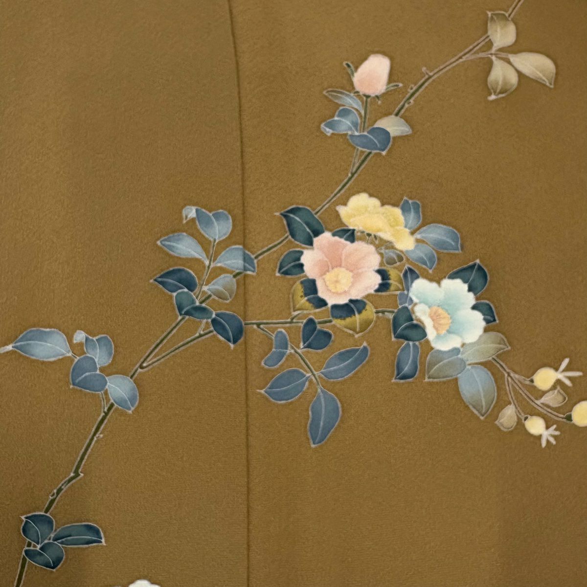 訪問服 身長158.5cm 袖長64.5cm M 雙層 落款あり 枝花 山吹茶 純蠶絲 秀品級 一つ紋