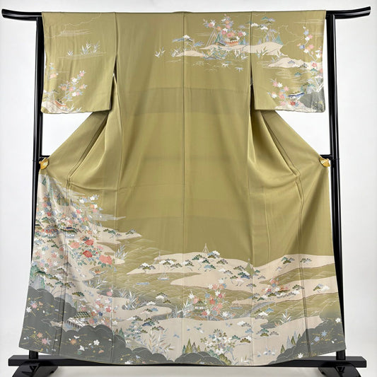 訪問服 身長159.5cm 袖長63.5cm S 雙層 家屋 草花紋紋 金彩裝飾 鶯 純蠶絲 秀品級