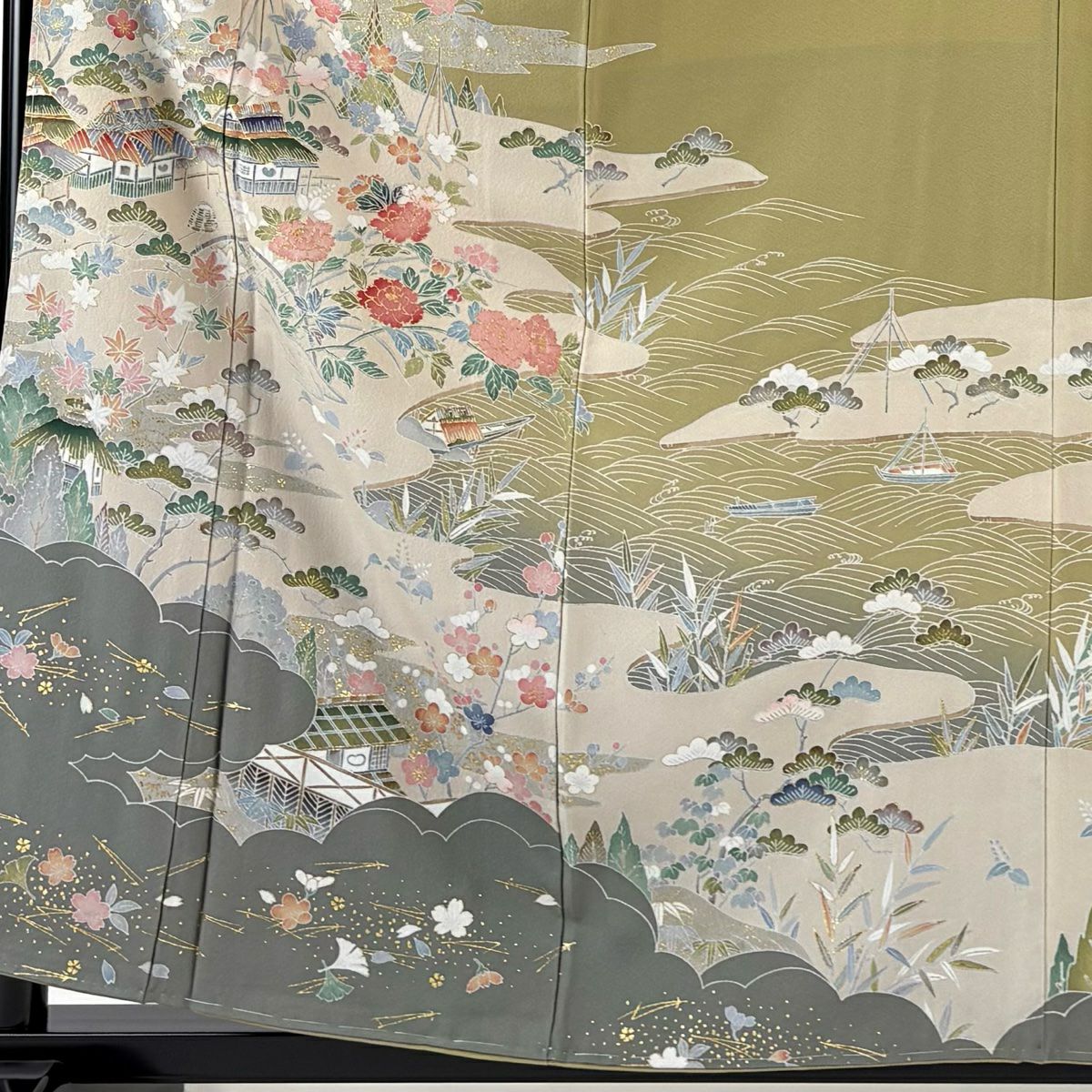 訪問服 身長159.5cm 袖長63.5cm S 雙層 家屋 草花紋紋 金彩裝飾 鶯 純蠶絲 秀品級