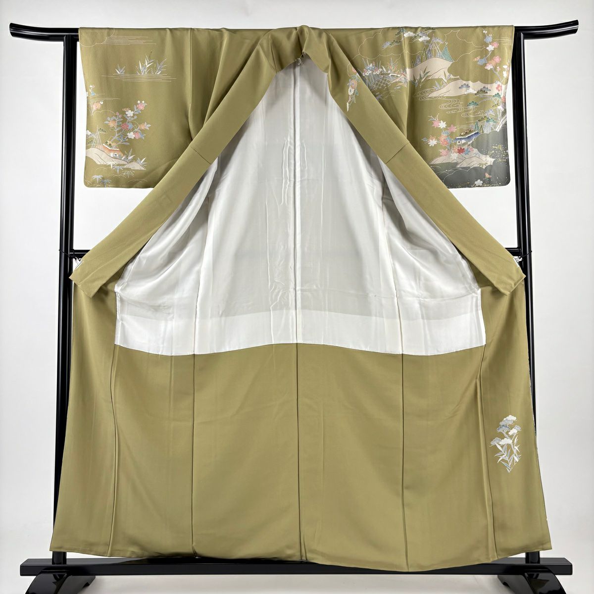 訪問服 身長159.5cm 袖長63.5cm S 雙層 家屋 草花紋紋 金彩裝飾 鶯 純蠶絲 秀品級