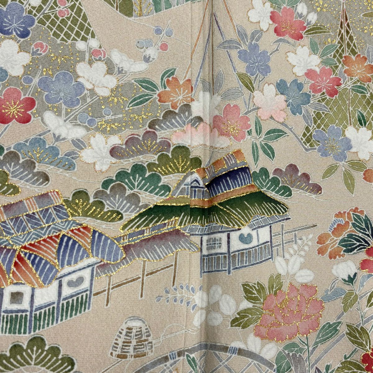 訪問服 身長159.5cm 袖長63.5cm S 雙層 家屋 草花紋紋 金彩裝飾 鶯 純蠶絲 秀品級