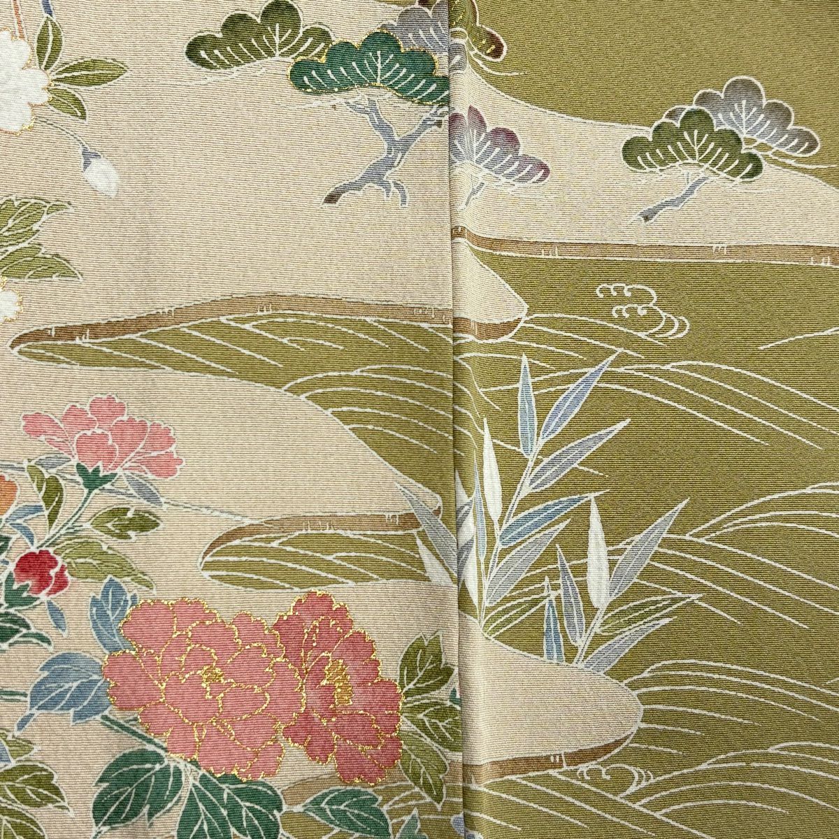訪問服 身長159.5cm 袖長63.5cm S 雙層 家屋 草花紋紋 金彩裝飾 鶯 純蠶絲 秀品級