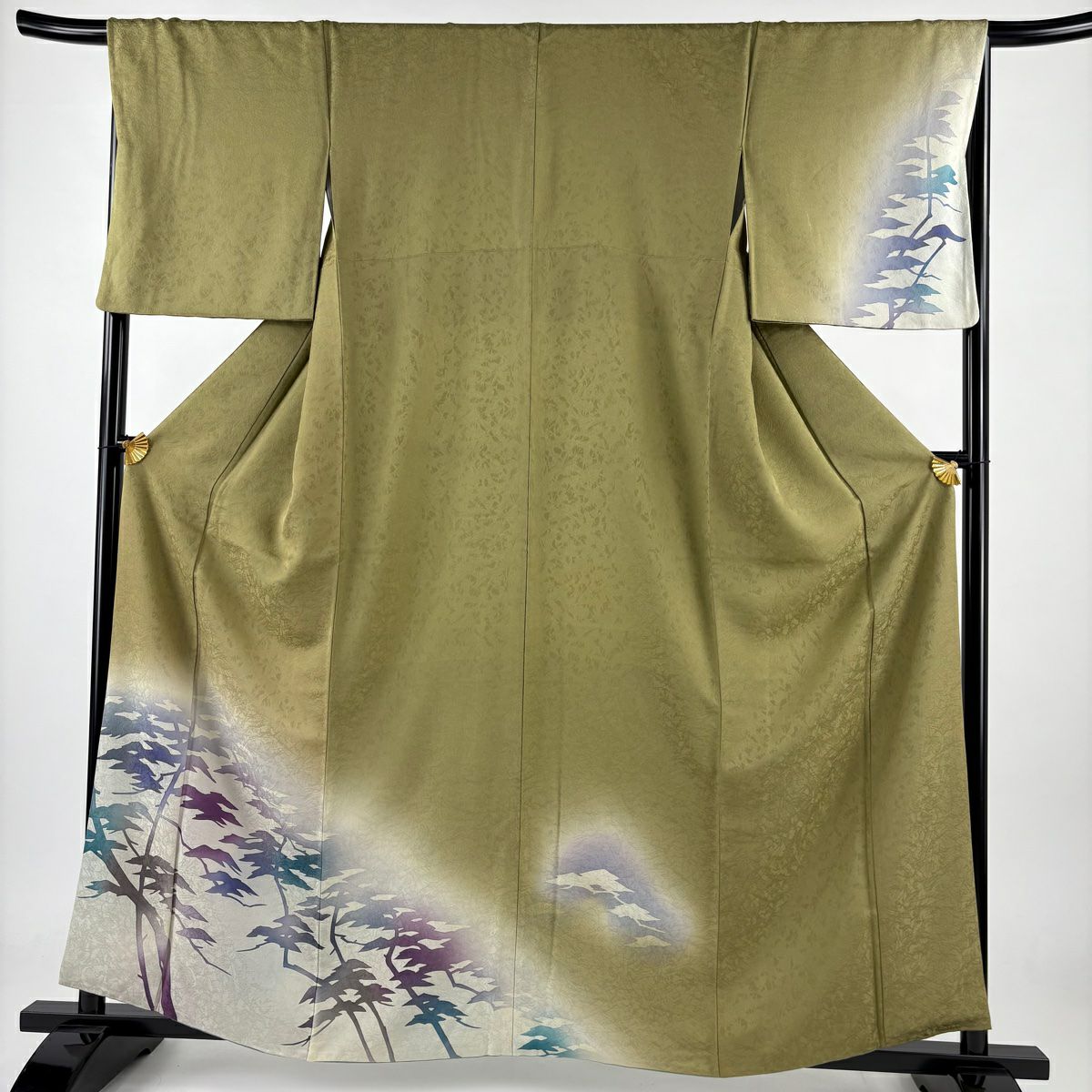 付下 身長160.5cm 袖長67cm M 雙層 樹木 輪廓 染分 淡化 茶綠 純蠶絲 優品級