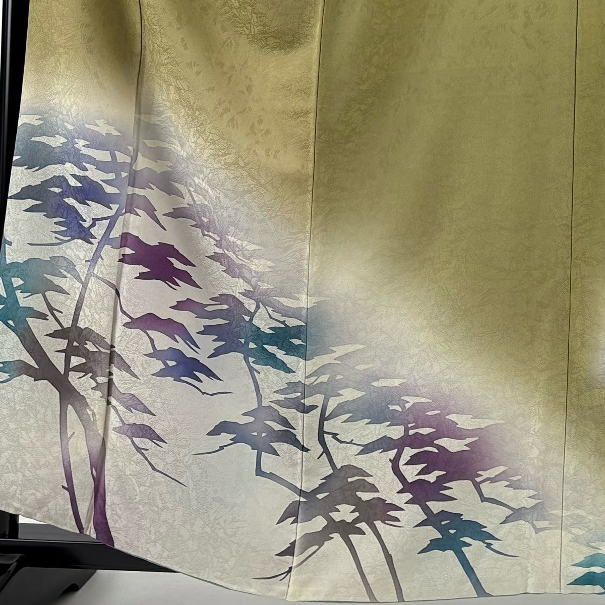付下 身長160.5cm 袖長67cm M 雙層 樹木 輪廓 染分 淡化 茶綠 純蠶絲 優品級