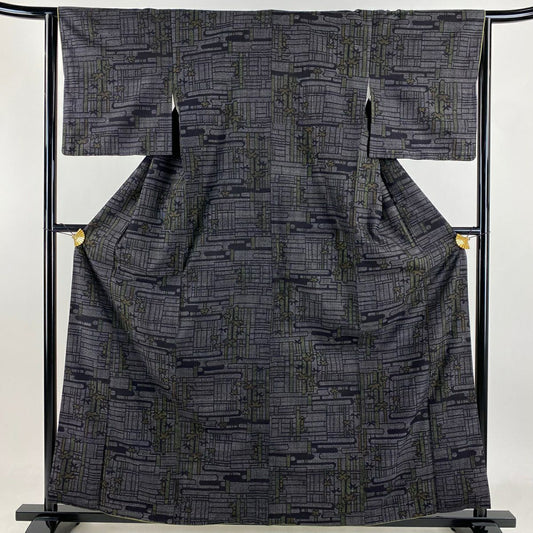 紬織 身長160.5cm 袖長64cm M 雙層 ヱ霞 笹 墨 黑 純蠶絲 美品 秀品級