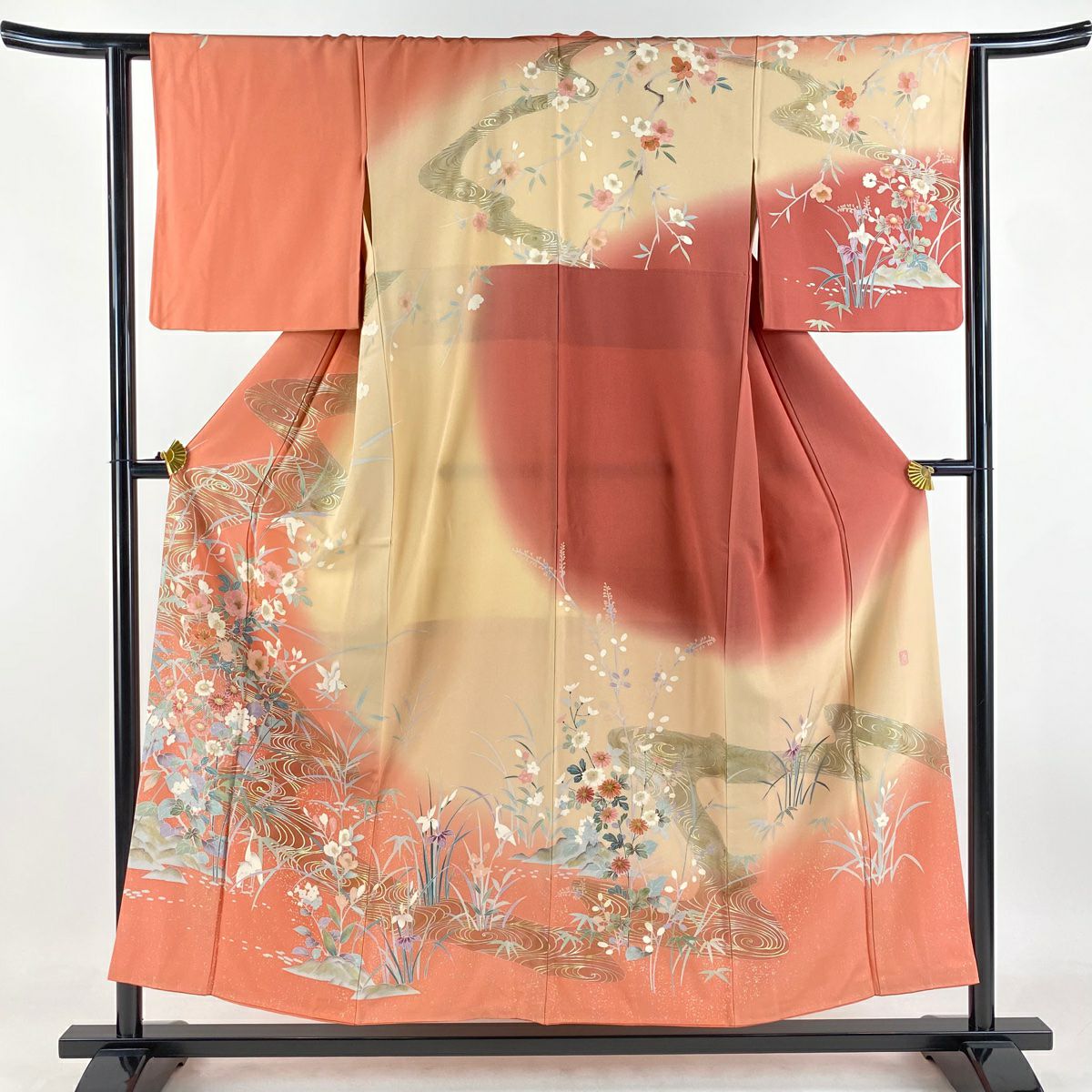 訪問服 身長155cm 袖長62.5cm S 雙層 落款 草花紋紋 流水 金銀彩 漸層 鮭粉色 純蠶絲 優品級