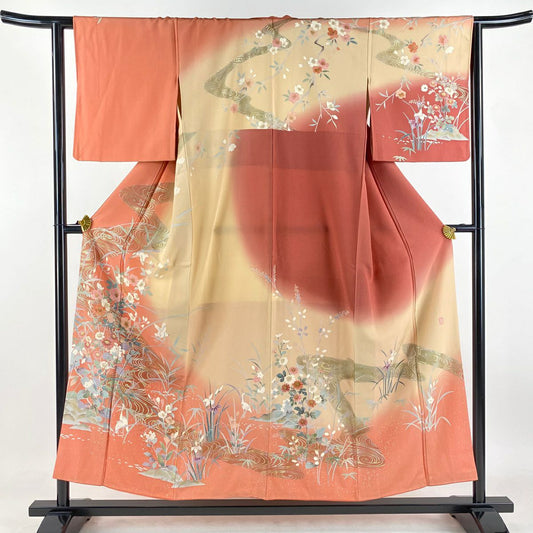 訪問服 身長155cm 袖長62.5cm S 雙層 落款 草花紋紋 流水 金銀彩 漸層 鮭粉色 純蠶絲 優品級