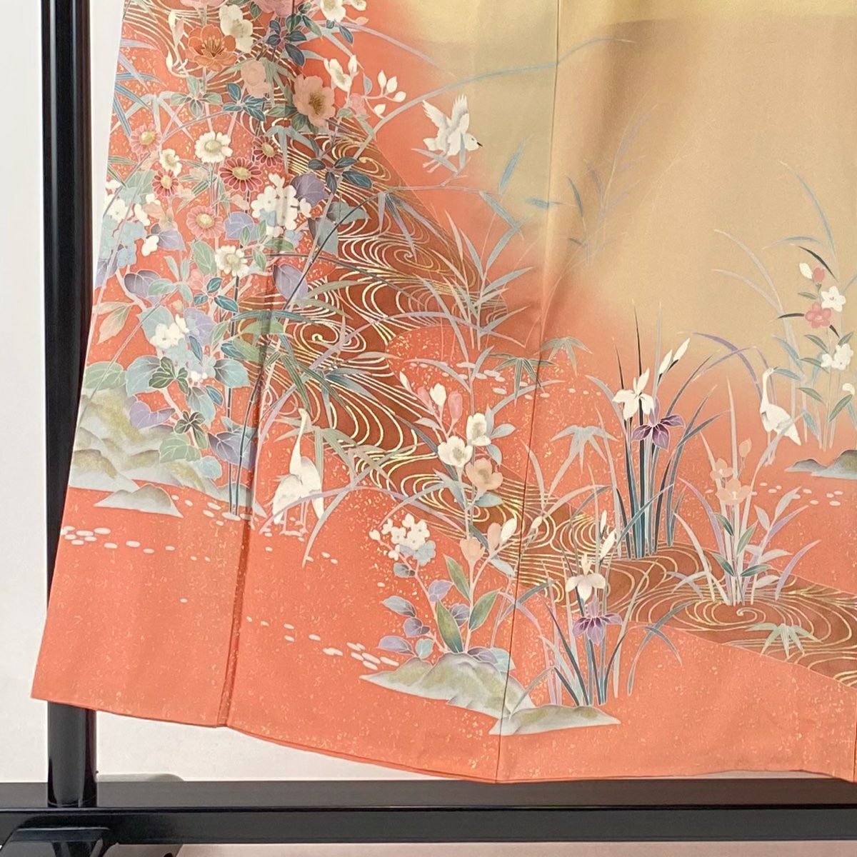訪問服 身長155cm 袖長62.5cm S 雙層 落款 草花紋紋 流水 金銀彩 漸層 鮭粉色 純蠶絲 優品級