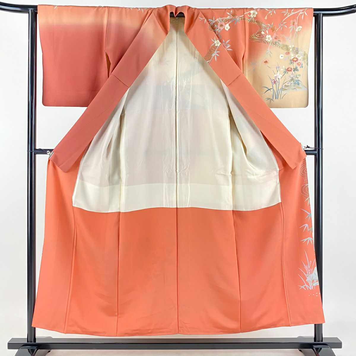 訪問服 身長155cm 袖長62.5cm S 雙層 落款 草花紋紋 流水 金銀彩 漸層 鮭粉色 純蠶絲 優品級