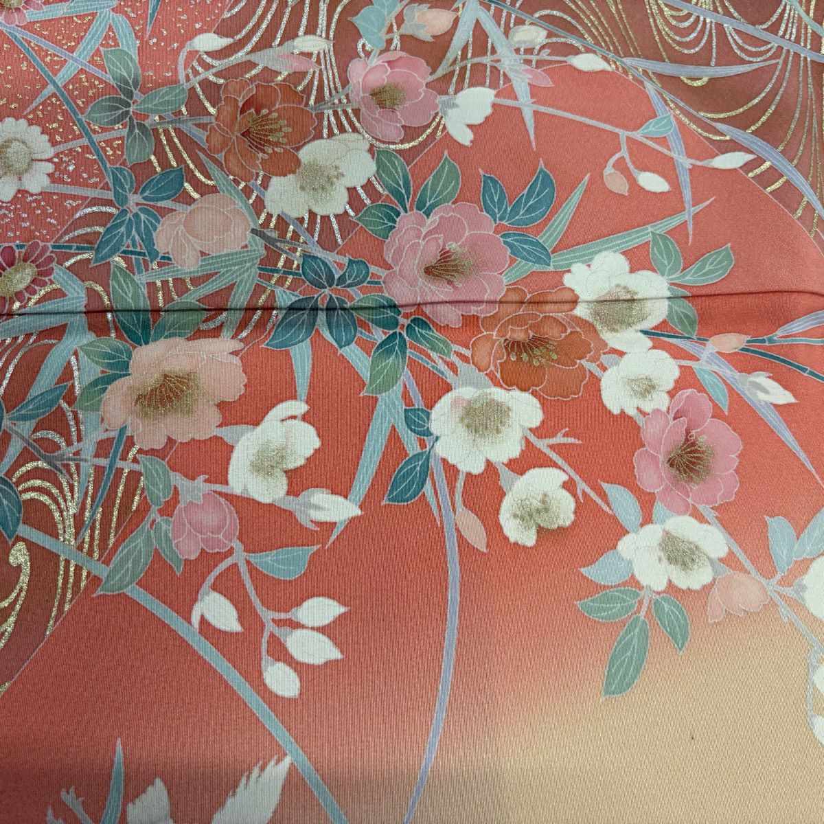 訪問服 身長155cm 袖長62.5cm S 雙層 落款 草花紋紋 流水 金銀彩 漸層 鮭粉色 純蠶絲 優品級