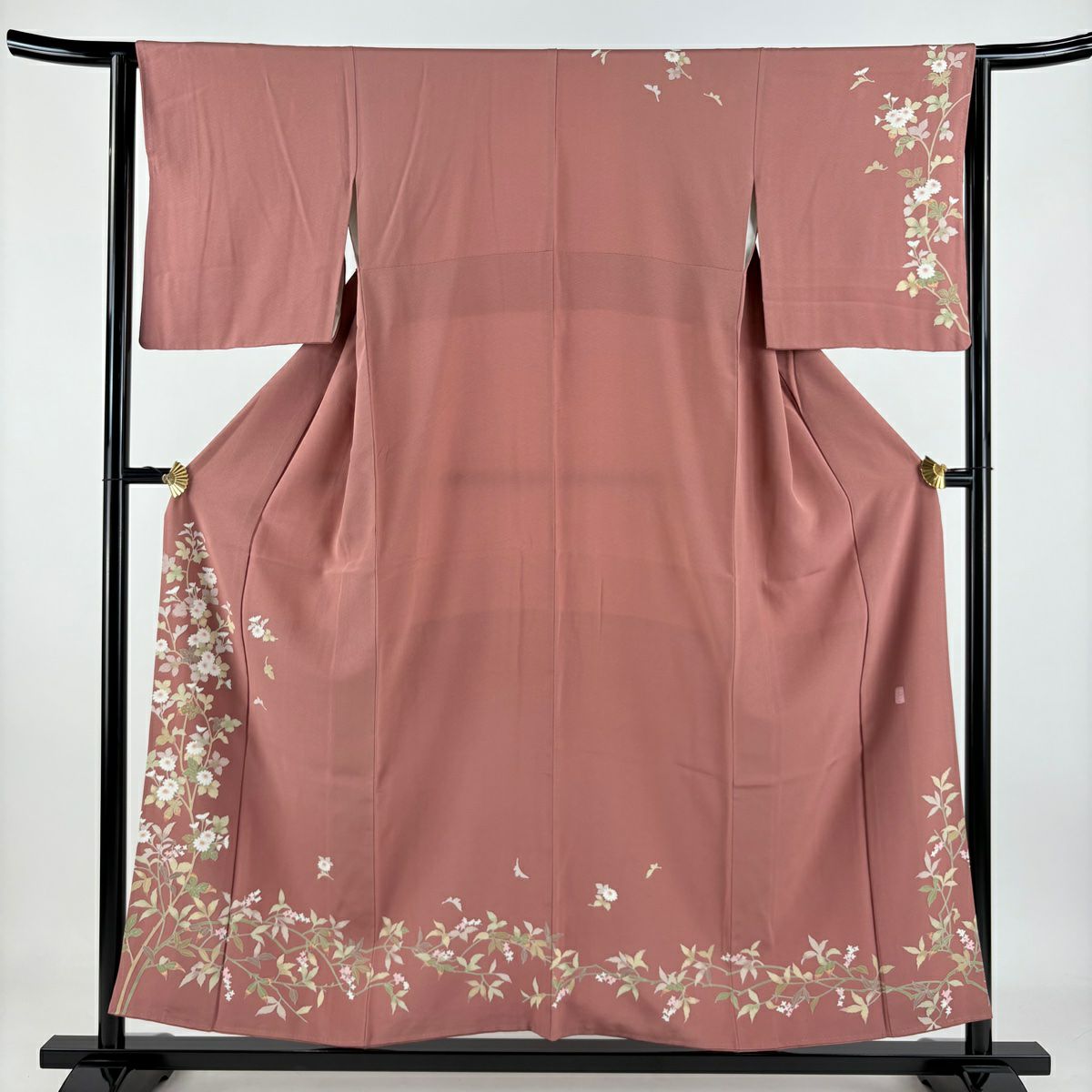 訪問服 身長153.5cm 袖長64.5cm M 雙層 落款 菊花 草花紋 紅豆色 純蠶絲 秀品級