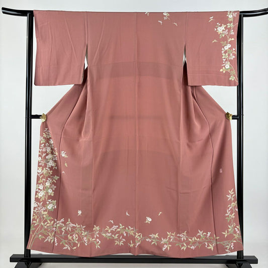 訪問服 身長153.5cm 袖長64.5cm M 雙層 落款 菊花 草花紋 紅豆色 純蠶絲 秀品級