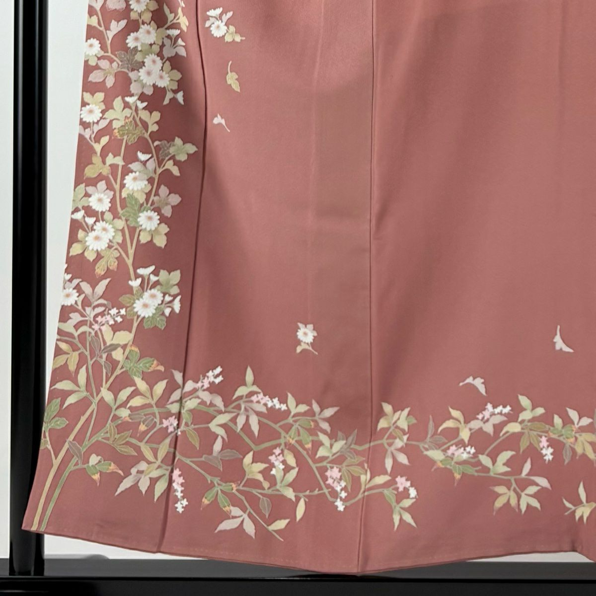 訪問服 身長153.5cm 袖長64.5cm M 雙層 落款 菊花 草花紋 紅豆色 純蠶絲 秀品級