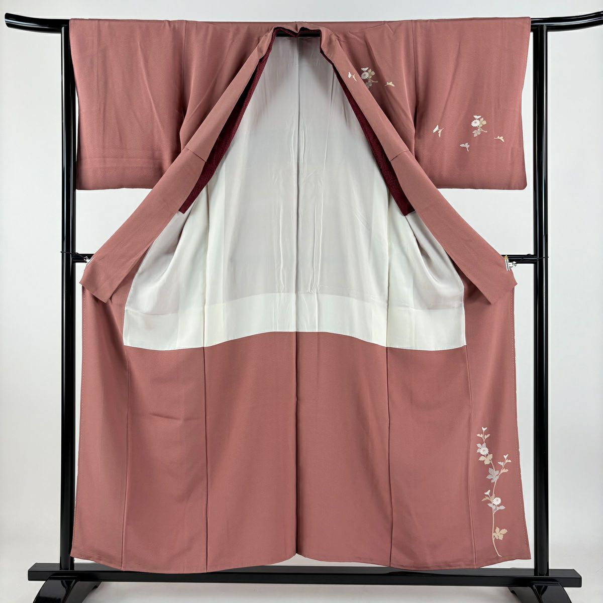 訪問服 身長153.5cm 袖長64.5cm M 雙層 落款 菊花 草花紋 紅豆色 純蠶絲 秀品級