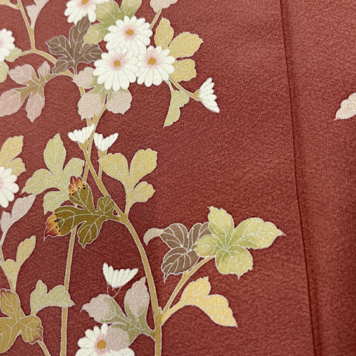 訪問服 身長153.5cm 袖長64.5cm M 雙層 落款 菊花 草花紋 紅豆色 純蠶絲 秀品級