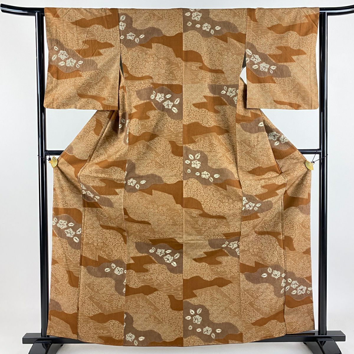 小紋 身長163.5cm 袖長62cm S 雙層 紬織織 草花紋紋 霞 絞染 紅茶 純蠶絲 美品 秀品級