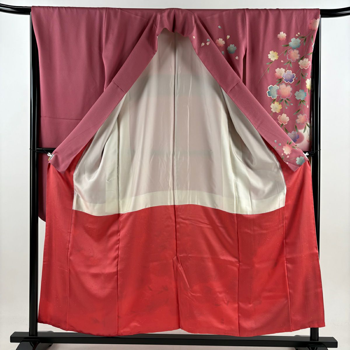 振袖禮服 身長156.5cm 袖長66.5cm M 雙層 樱花 花瓣 金彩裝飾 漸層 粉色 純蠶絲 名品級