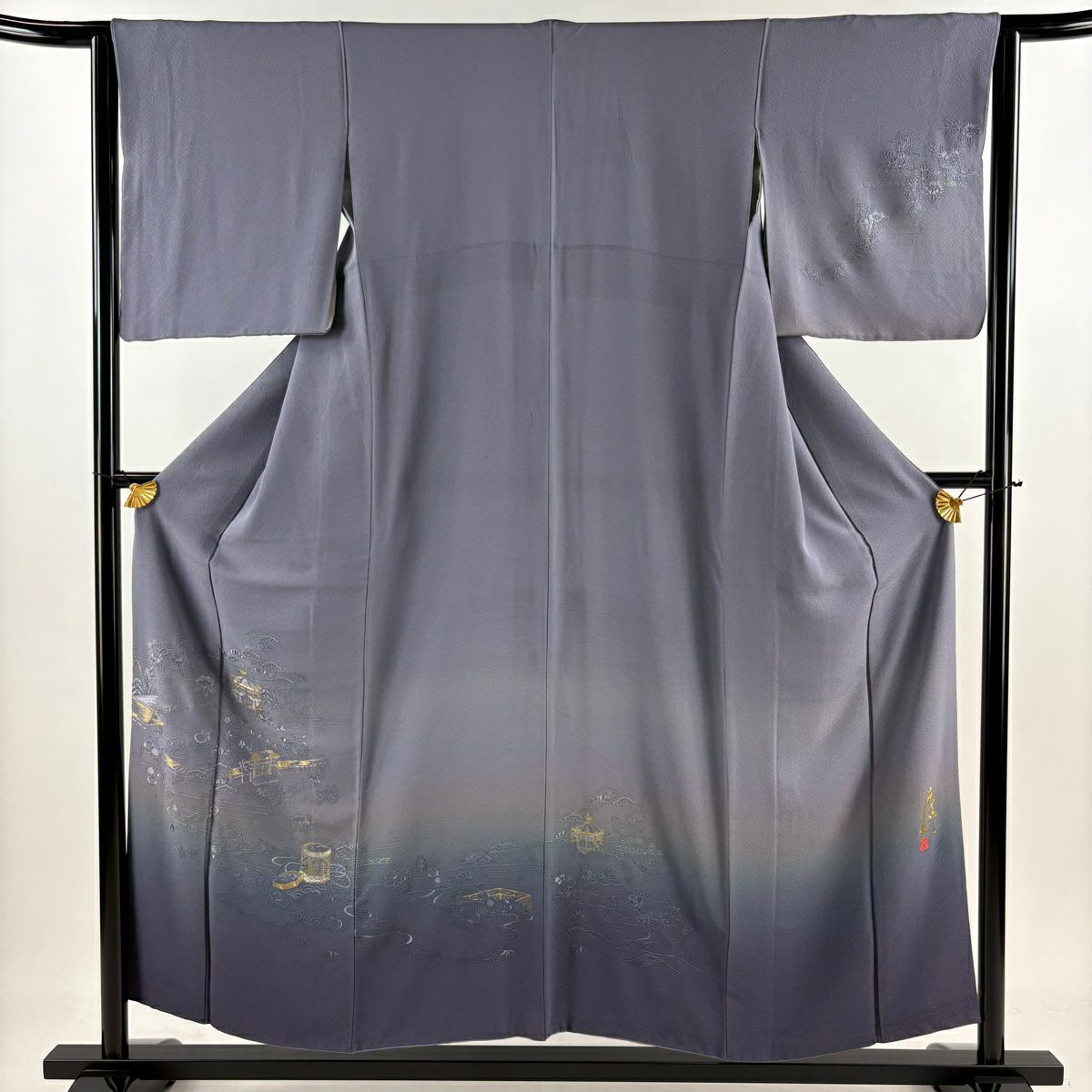 付下 身長154.5cm 袖長63.5cm S 雙層 コシノアヤコ 落款あり 建物 貝桶 金糸 刺繡 紫 純蠶絲 名品級