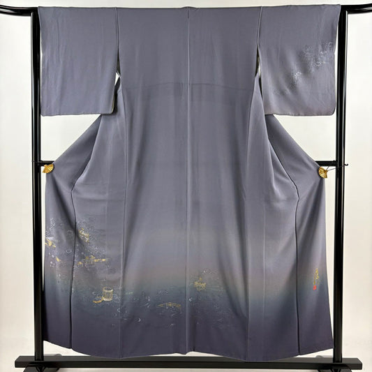 付下 身長154.5cm 袖長63.5cm S 雙層 コシノアヤコ 落款あり 建物 貝桶 金糸 刺繡 紫 純蠶絲 名品級