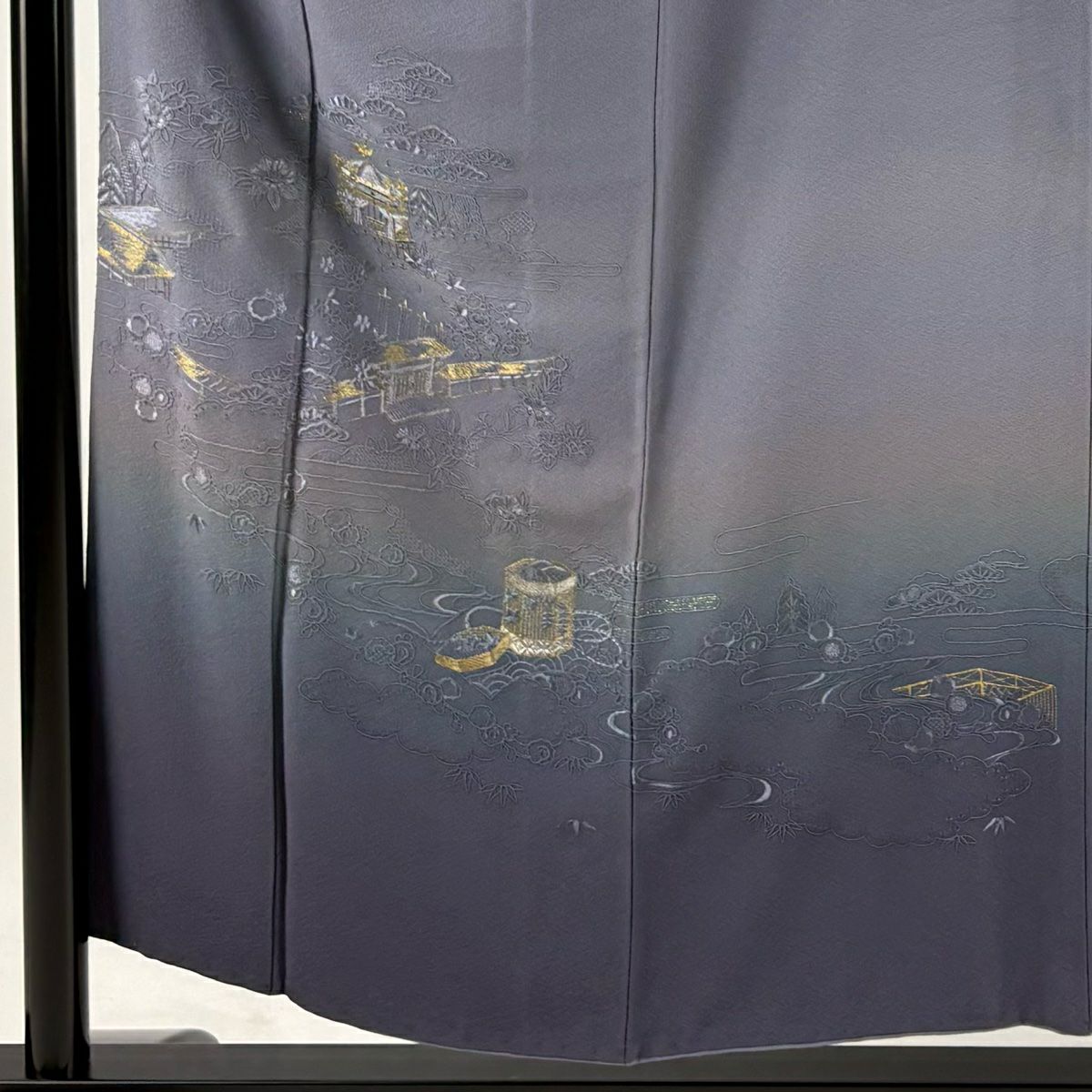 付下 身長154.5cm 袖長63.5cm S 雙層 コシノアヤコ 落款あり 建物 貝桶 金糸 刺繡 紫 純蠶絲 名品級