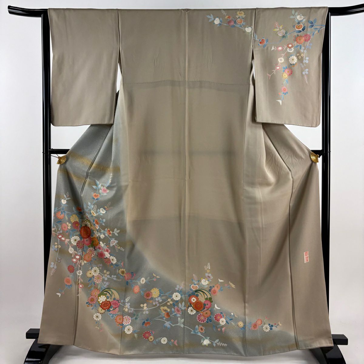 訪問服 身長165.5cm 袖長65cm M 雙層 百貫達雄 落款あり 菊花 橘花 金銀彩 淺茶 純蠶絲 名品級