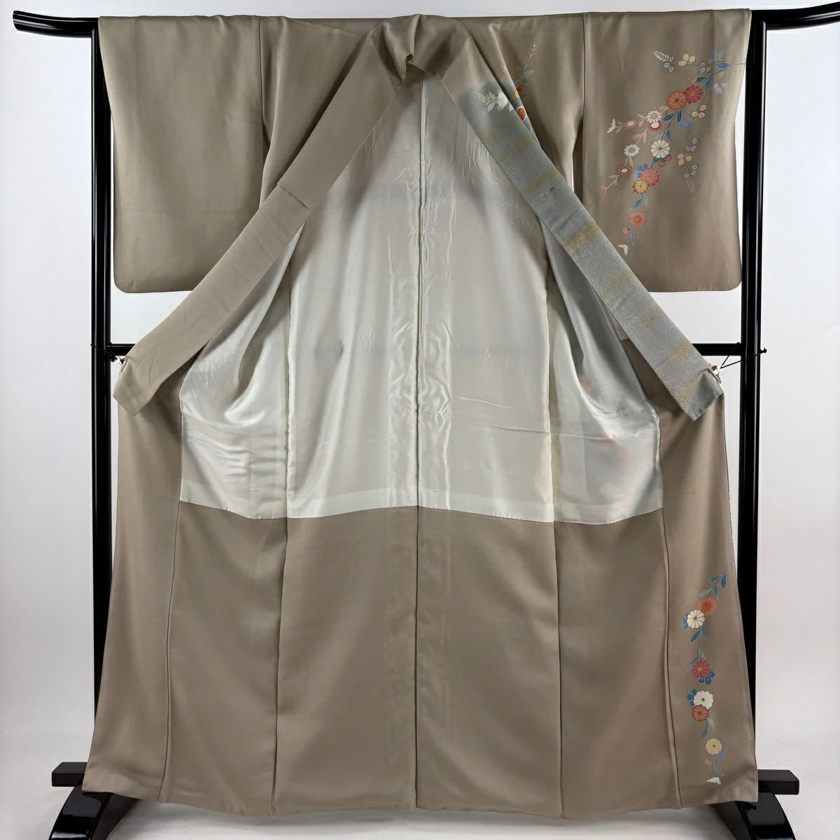 訪問服 身長165.5cm 袖長65cm M 雙層 百貫達雄 落款あり 菊花 橘花 金銀彩 淺茶 純蠶絲 名品級