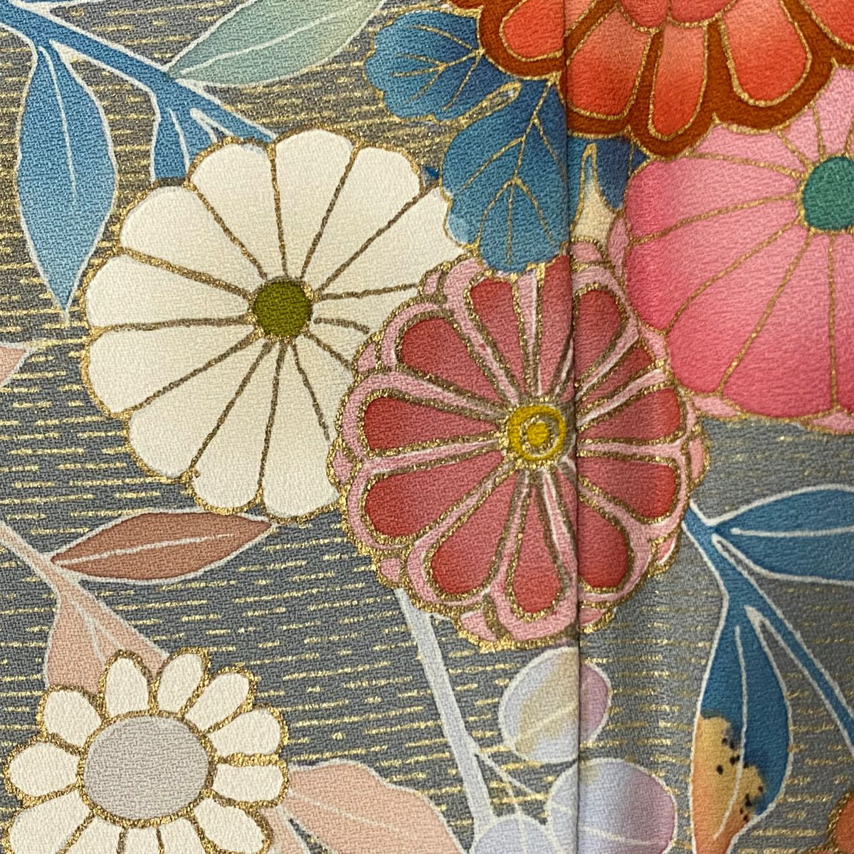 訪問服 身長165.5cm 袖長65cm M 雙層 百貫達雄 落款あり 菊花 橘花 金銀彩 淺茶 純蠶絲 名品級
