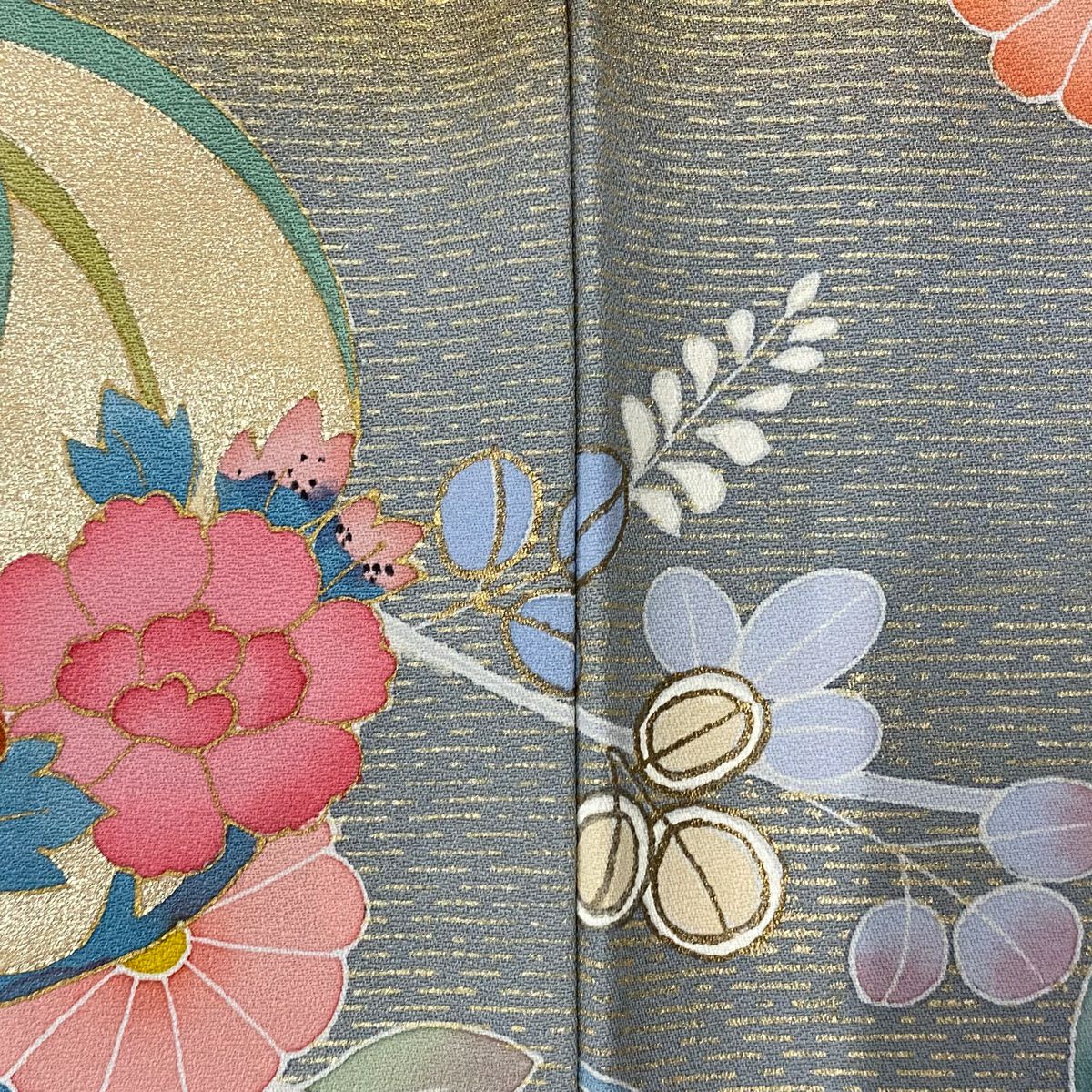訪問服 身長165.5cm 袖長65cm M 雙層 百貫達雄 落款あり 菊花 橘花 金銀彩 淺茶 純蠶絲 名品級